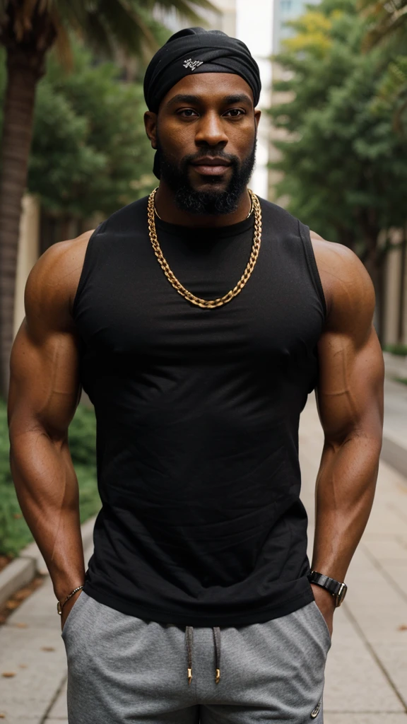 black man, buff, muscular, healthy, in his 30's, black bandana, gray trunk shirt, thin gold chain, beard, face front