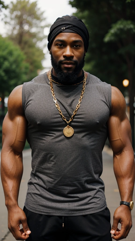 black man, buff, muscular, healthy, in his 30's, black bandana, gray trunk shirt, thin gold chain, beard, face front