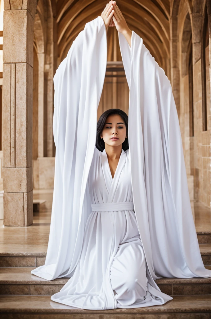 woman in white robe worshipping

