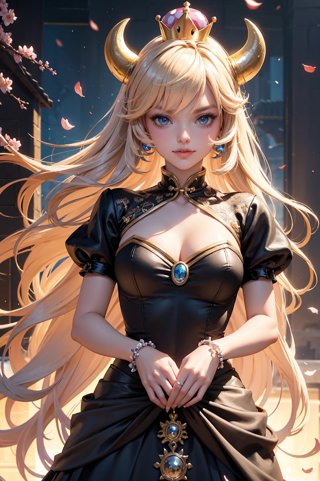 Bowsette, long hair, horns, long flowing hair, floating hair, ornament hair, perfectly body, perfectly hands, crown in top of the head, wedding, wedding dress, black dress, on street, petals in the air, blossom peach tree, centered girl, Chinese style, blue jewel, dress, more details on her clothes, dress with transparency, golden details, daylight, smiling, cape, ((4k, masterpiece, top-quality)),8k, best quality, high resolution, HD, (illustration:0.8), super cute girl, delicate and beautiful face, 1girl, solo, mature girl, super cute hairstyle, (beautiful detailed eyes:1.6), extremely detailed face, perfect lighting, extremely detailed CG, (perfect hands, perfect anatomy), Best quality, cleavage, small skirt, full Body,