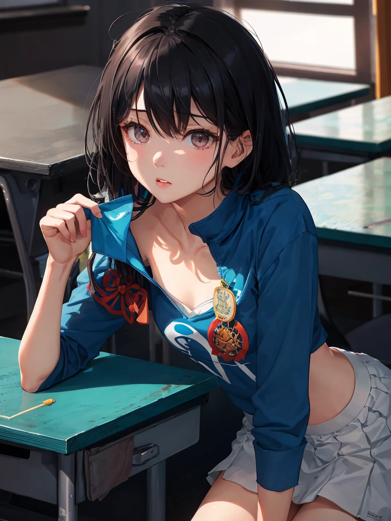 1 girl, age, skinny, Chinese, open lips, classroom, light, glow, thigh, clavicle, (masterpiece), wallpaper, worried