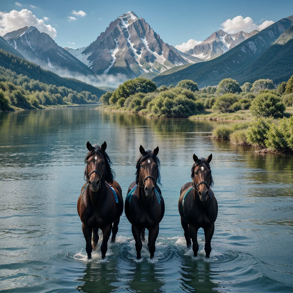 eight wild black horses racing through green forest on the shallow water, surrounded by towering mountain range under blue sky, the atmosphere filled with an aura of wonder and mystique, Painting, watercolors on textured paper