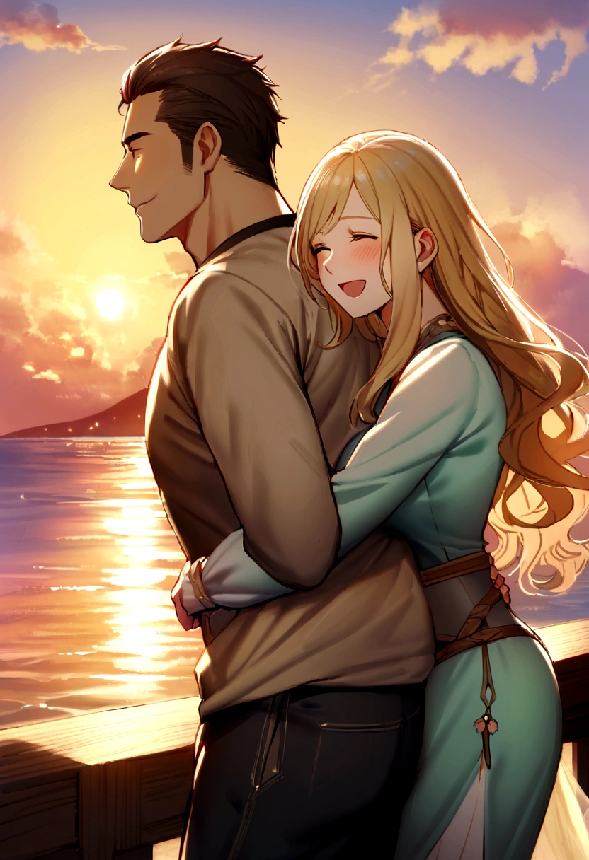 Tabletop,Highest quality,2 others, Couple, 1 boy and 1 girl, mature, (High and low difference 1.3), Different hair colors, Happy, Require, (hug), Upper Body, Girl with long hair, Blonde and brunette, Fantasy, spring, Sea behind、sunset