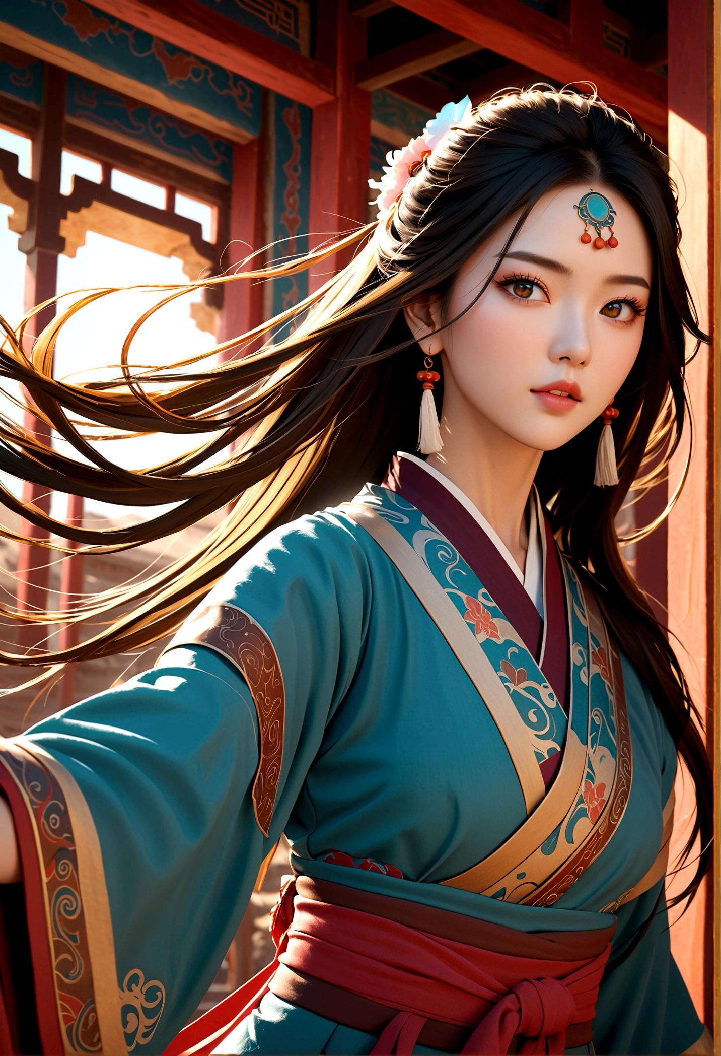 (RAW photos, best quality), (Practical, photo-Practical:1.3),best quality,Very detailed,masterpiece,Extremely detailed,illustration,1 Girl,Eye mask,superior_Body,Dynamic Angle,world masterpiece theater,messy_long_hair,best quality,Extremely detailed CG unity 8k wallpaper,ink,Astonishing,light,lens_Flare, Dunhuang_style
