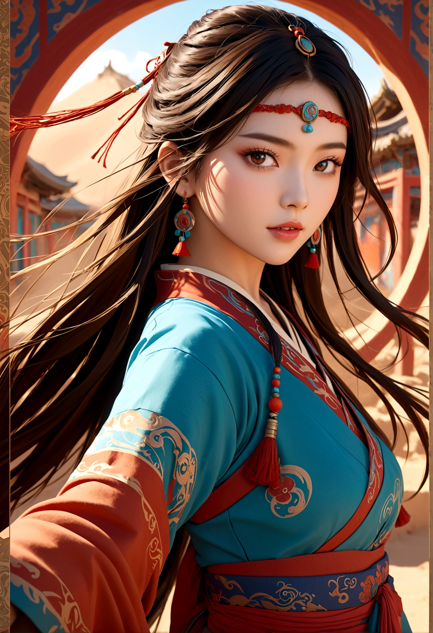 (RAW photos, best quality), (Practical, photo-Practical:1.3),best quality,Very detailed,masterpiece,Extremely detailed,illustration,1 Girl,Eye mask,superior_Body,Dynamic Angle,world masterpiece theater,messy_long_hair,best quality,Extremely detailed CG unity 8k wallpaper,ink,Astonishing,light,lens_Flare, Dunhuang_style
