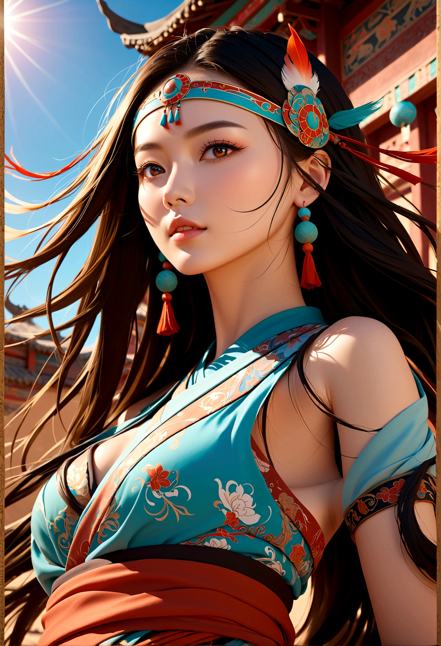 (RAW photos, best quality), (Practical, photo-Practical:1.3),best quality,Very detailed,masterpiece,Extremely detailed,illustration,1 Girl,Eye mask,superior_Body,Dynamic Angle,world masterpiece theater,messy_long_hair,best quality,Extremely detailed CG unity 8k wallpaper,ink,Astonishing,light,lens_Flare, Dunhuang_style