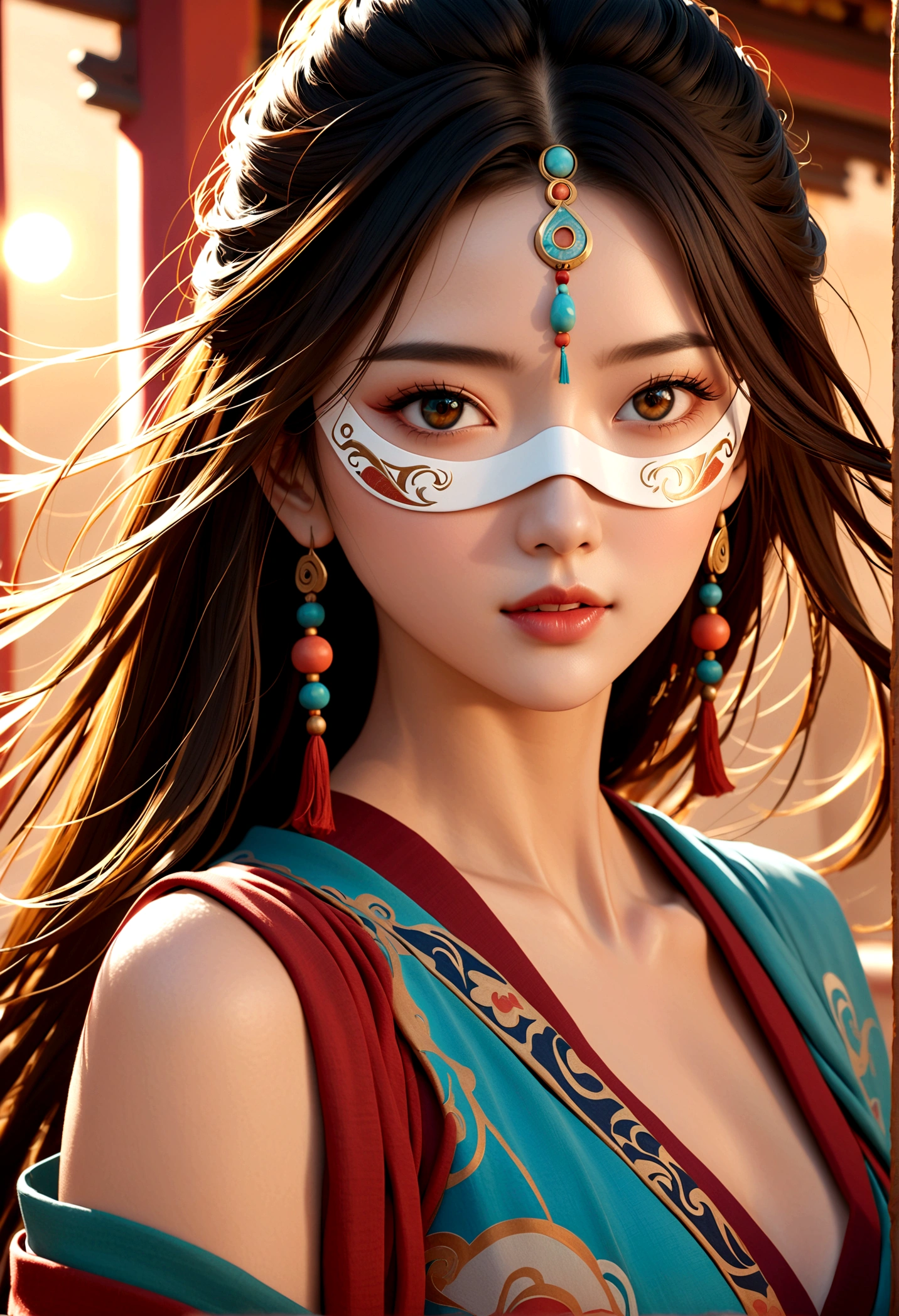 (RAW photos, best quality), (Practical, photo-Practical:1.3),best quality,Very detailed,masterpiece,Extremely detailed,illustration,1 Girl,Eye mask,superior_Body,Dynamic Angle,world masterpiece theater,messy_long_hair,best quality,Extremely detailed CG unity 8k wallpaper,ink,Astonishing,light,lens_Flare, Dunhuang_style