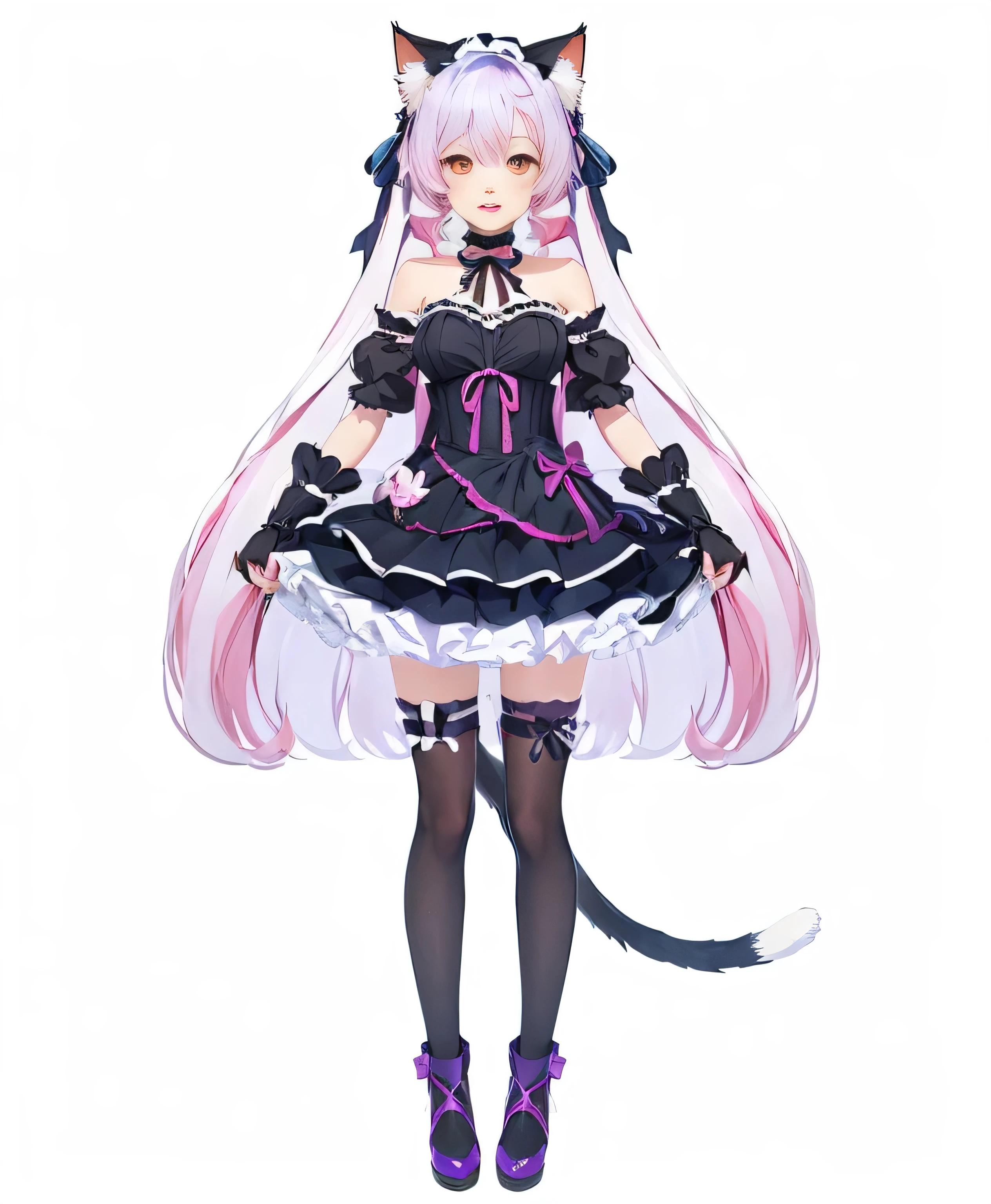 anime girl with cat ears and a dress with a cat tail, very beautiful anime cat girl, anime cat girl in a maid costume, white cat girl, anime girl with cat ears, cute anime catgirl, full body adoptable, anime catgirl, official character art, attractive cat girl, beautiful anime catgirl, pink twintail hair and cyan eyes,,Rich in details，Masterpiece，Clean shaping，