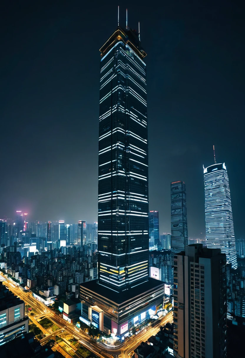 Skyscraper,Cyberpunk,都市Night view,Night view,一个女孩坐在Skyscraper楼顶
