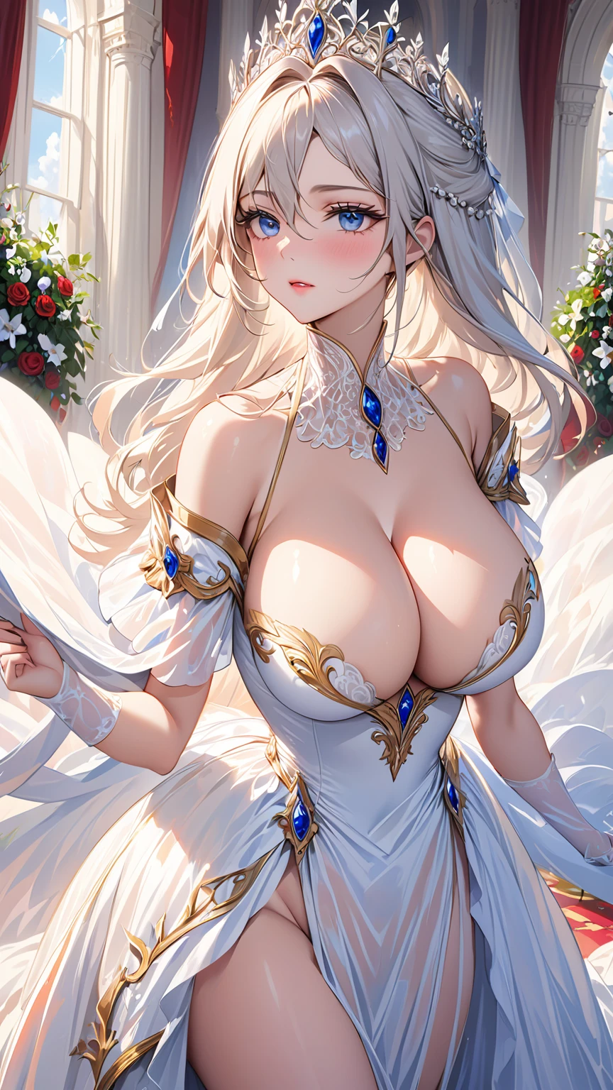 masterpiece:1.4,best-quality,Super Detail,Very Delicate and Beautiful, ((( nsfw, royal woman , obscene royalty dress ))), very gigantic breasts, cleavage, very slender, off-shoulder, perfect face, beautiful eyes