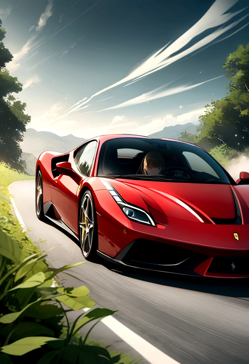 car、Ferrari、nature、green、high resolution、Wind、Fluttering、speed、Magnificent
