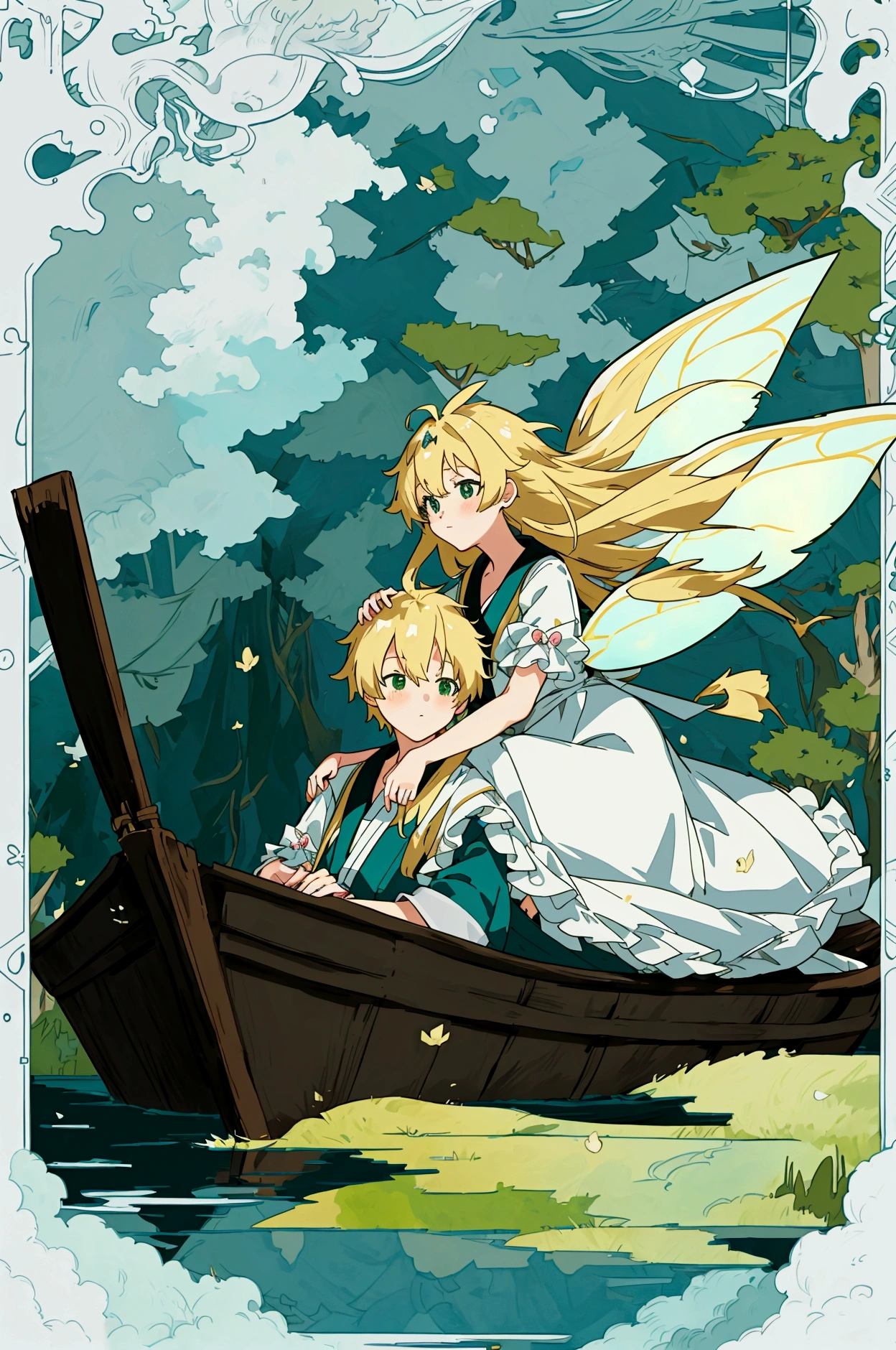 Anime Scene of girl and boy in a boat on a river, Anime Rush 8k Woods, Lofi art style, On the Lake, Created by Anime Painter Studio, beautiful Anime Scene, koto no ha no niwa, At the Lake, Beautiful peaceful scene in anime, Anime Background, Anime Scene, masterpiece, Highest quality, Highest quality, masterpiece, High resolution, A long-haired blonde girl in a frilly dress and a blonde boy in fairy-tale clothes are facing each other on a boat、A boat floats on a pond in the green forest in early summer、A boy and a girl are sitting facing each other