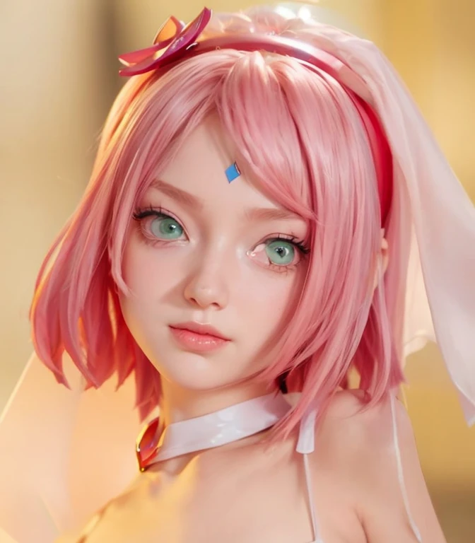young woman, short shoulder-length pink hair, wide forehead, porcelain skin, pink eyebrows, big emerald green eyes, buttoned nose, full lips, heart-shaped face, slender body, small breasts, red tank top, Sakura Haruno , realistic, realism, details, 3d, well detailed
