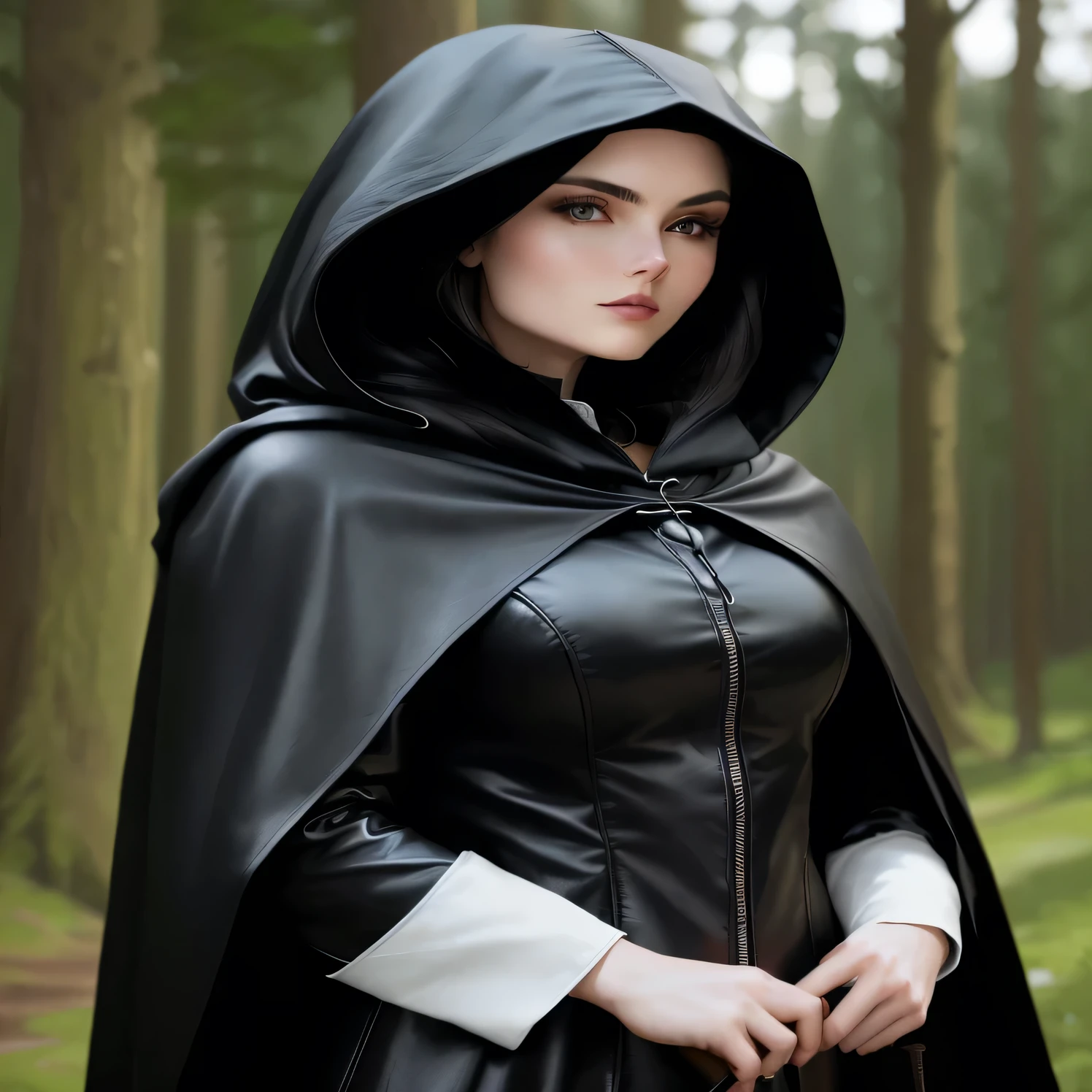 arafed woman in a black leather cloak and hood in a forest, wearing in black cloak, wearing a black cloak, black round hood and cloak, wearing black clothes and cape, wearing black hooded cloak, dressed in a black cloak, wearing a hooded cloak, wearing cloak and hood, in style of anne stokes, wearing a luxurious cloak, black cloak. A little older, holding a staff