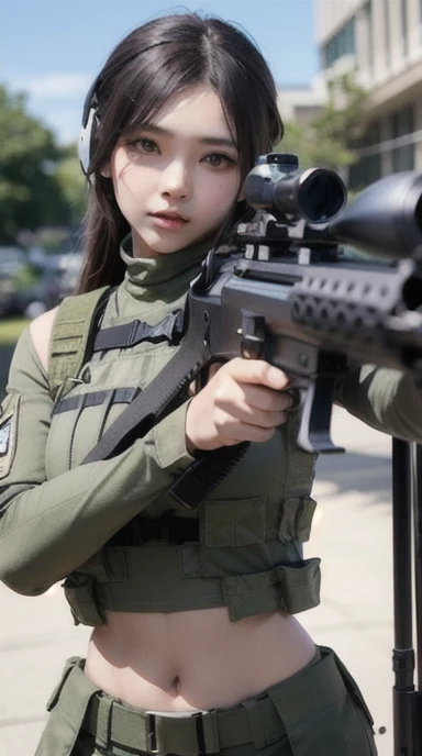 a woman in a white outfit holding a rifle and wearing headphones, 24-year-old woman, Filipino woman, tan bronze skin, soldier girl, mechanized soldier girl, military girl, beautiful female soldier, female lead character, infantry girl, of a sniper girl in war, solo female character, future combat gear, close up half body shot, Women in crop top military bulletproof vest, ((showing navel)), exposed abdomen area, quiet from metal gear solid v, wearing tactical gear, dressed in tactical armor, (((aiming rifle)))