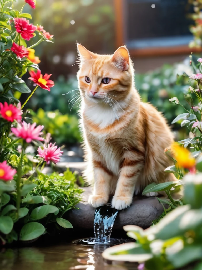 some adorable cats are playing water in the garden with amount flowers and trees in winter season