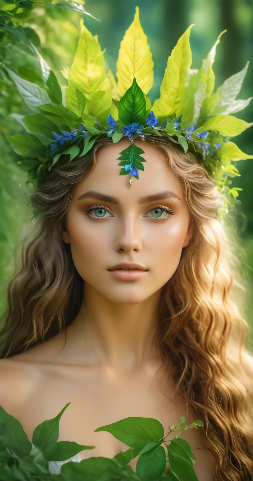 (best quality, 4k, 8k, highres, masterpiece:1.2), ultra-detailed, (realistic, photorealistic, photo-realistic:1.37), nature goddess, leaf body, portrait, greenery, wildflowers, breathtaking eyes, serene expression, graceful pose, ethereal beauty, luminous skin, flowing hair, elegant crown of leaves, soft natural light, vibrant colors, mythical essence, surreal atmosphere, dreamlike aura, harmonious connection with nature, enchanted forest.