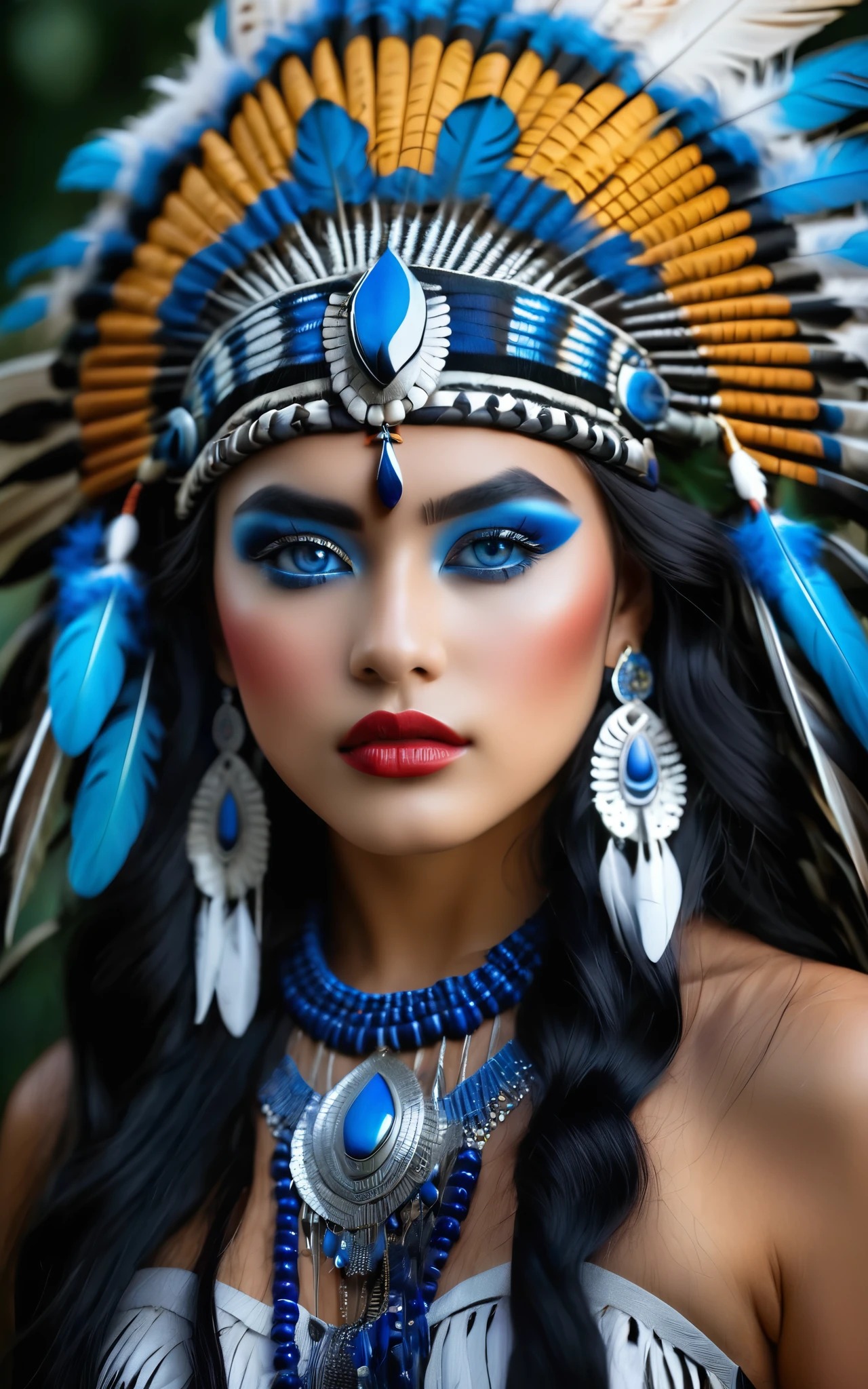 (best quality,8K,highres,masterpiece), ultra-detailed, (realistic portrait) of a girl, solo, showcasing long, flowing black hair and captivating blue eyes that hold the viewer's gaze. This portrait emphasizes her striking features enhanced by meticulous makeup, including vivid lipstick that accentuates her lips. She wears exquisite jewelry, a necklace that complements her attire, and is adorned with a unique headdress featuring feathers, adding a majestic and ethereal quality to her appearance. The inclusion of a mask and face paint draws inspiration from Native American traditions, enriching the portrait with cultural depth and significance. The overall composition is a celebration of beauty, tradition, and the artistry of makeup and adornment, rendered with lifelike precision and attention to detail,realistic portrait