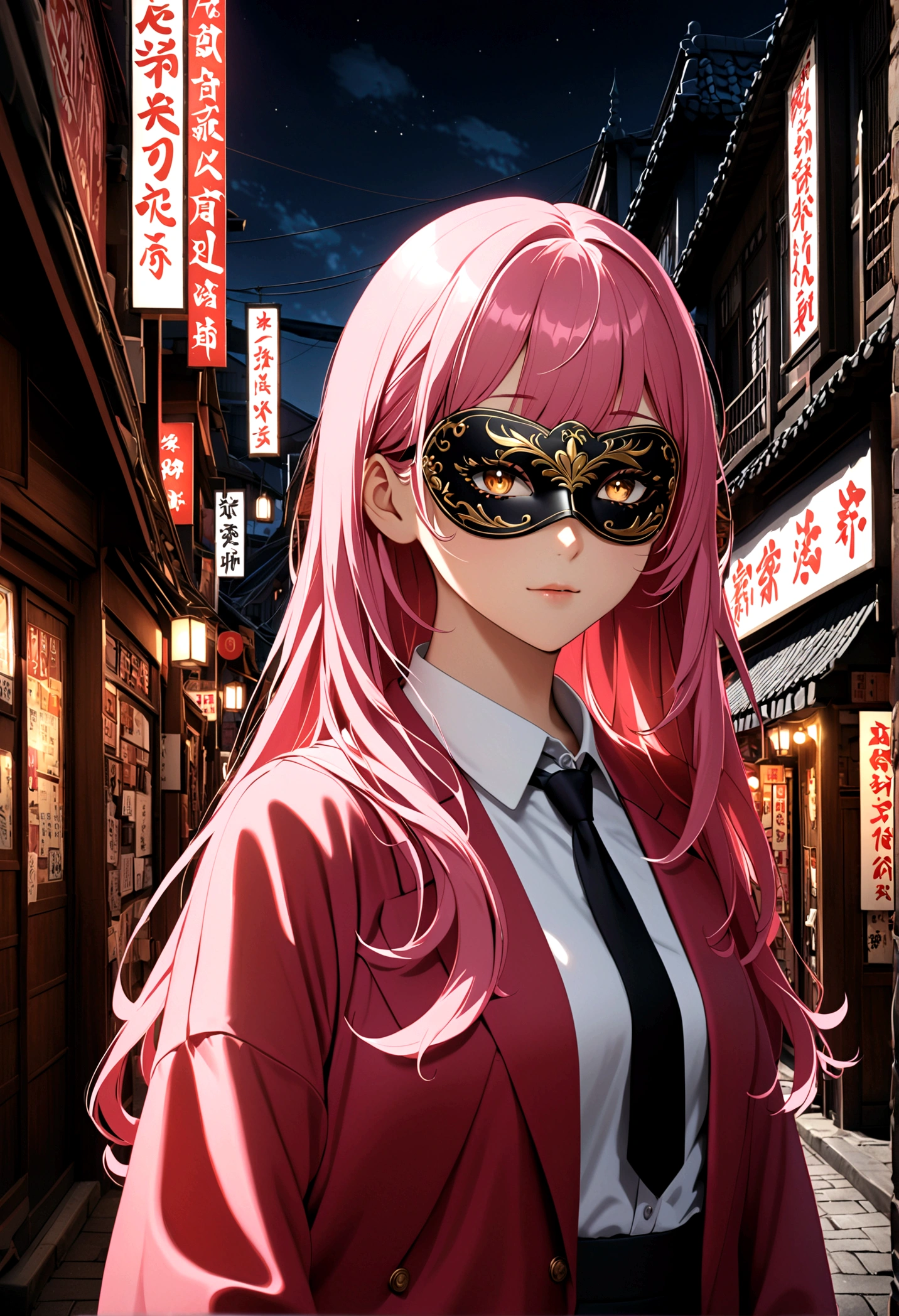 1 Girl, Eye mask, Pink long hair, Red Corner, White collar shirt, Black tie, A faint smile, Yellow eyes, Burning with desire_strength,, architecture,shop,Town Street, Dark sky, landscape,Neon,of the night city, Japanese lyrics,, , absurd, Delicate eyes, Extremely detailed, Volumetric Lighting, Practical, Practical lighting, 8K, light, Depth of Field, perfect, Ultra Detailed, photoPractical, ultra Practical, Practical light, Hard Lighting, Intricate details, Stop Movement, Tone Mapping, Clear focus, Ultra Detailed,