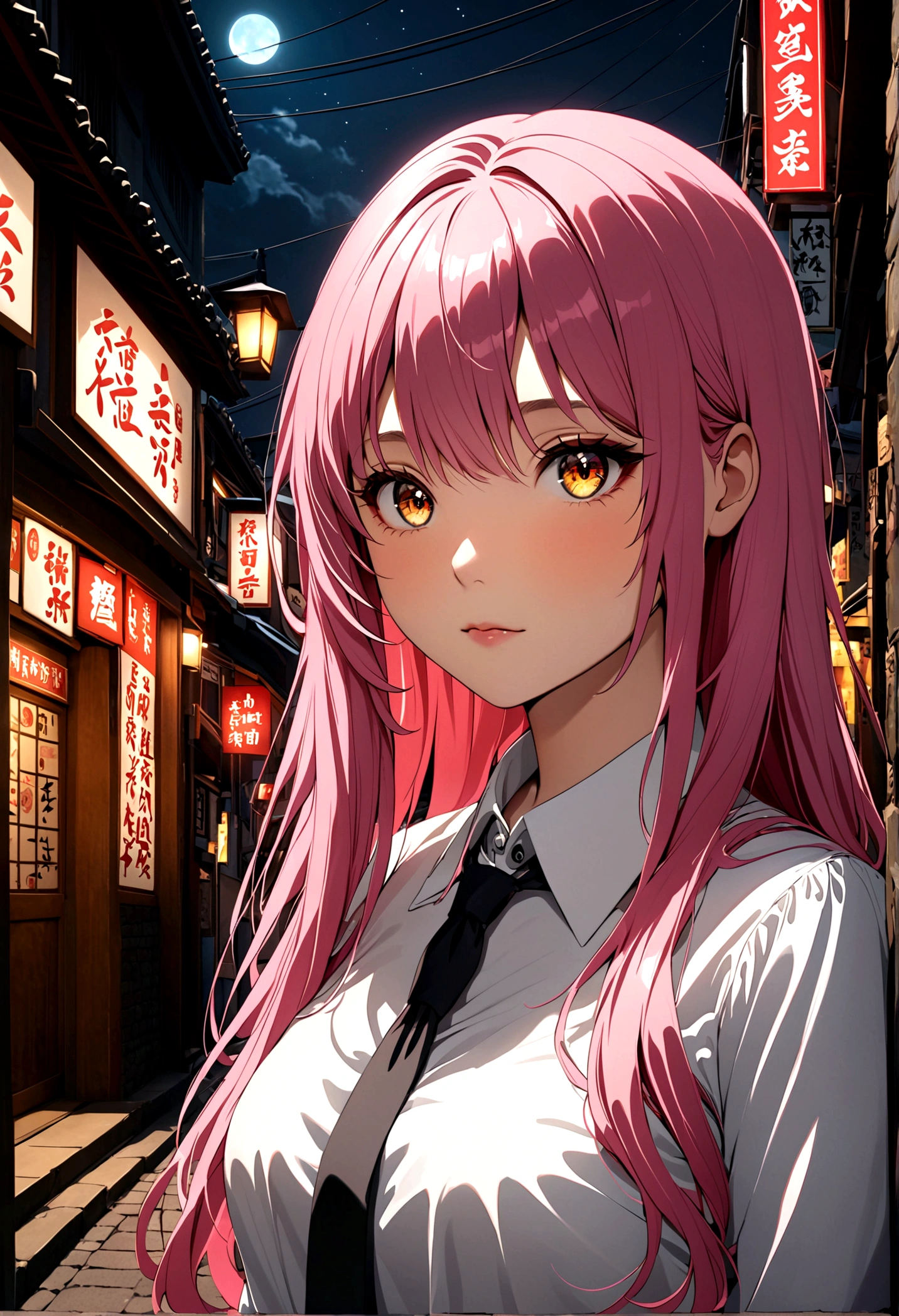 1 Girl, Eye mask, Pink long hair, Red Corner, White collar shirt, Black tie, A faint smile, Yellow eyes, Burning with desire_strength,, architecture,shop,Town Street, Dark sky, landscape,Neon,of the night city, Japanese lyrics,, , absurd, Delicate eyes, Extremely detailed, Volumetric Lighting, Practical, Practical lighting, 8K, light, Depth of Field, perfect, Ultra Detailed, photoPractical, ultra Practical, Practical light, Hard Lighting, Intricate details, Stop Movement, Tone Mapping, Clear focus, Ultra Detailed,