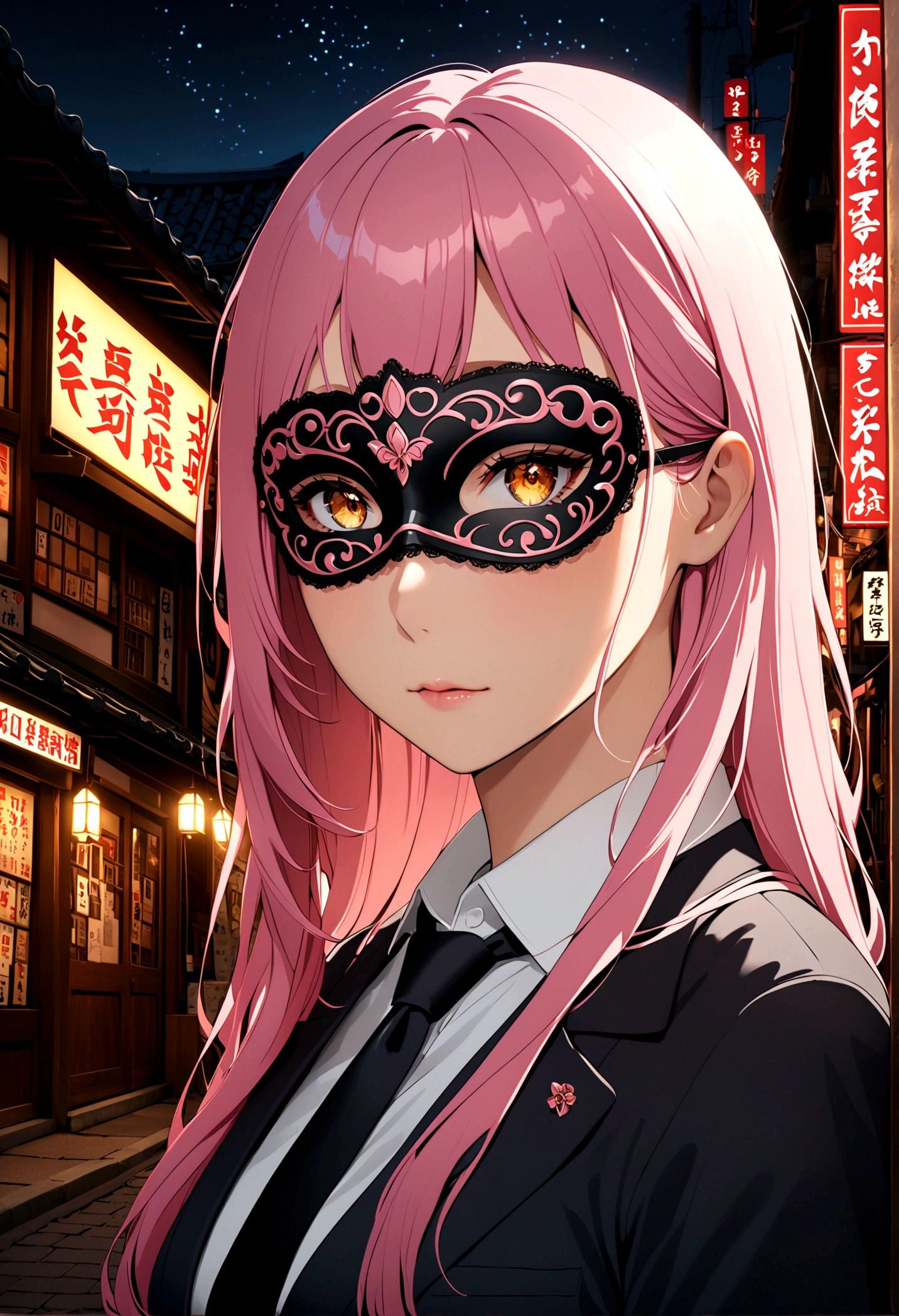 1 Girl, Eye mask, Pink long hair, Red Corner, White collar shirt, Black tie, A faint smile, Yellow eyes, Burning with desire_strength,, architecture,shop,Town Street, Dark sky, landscape,Neon,of the night city, Japanese lyrics,, , absurd, Delicate eyes, Extremely detailed, Volumetric Lighting, Practical, Practical lighting, 8K, light, Depth of Field, perfect, Ultra Detailed, photoPractical, ultra Practical, Practical light, Hard Lighting, Intricate details, Stop Movement, Tone Mapping, Clear focus, Ultra Detailed,