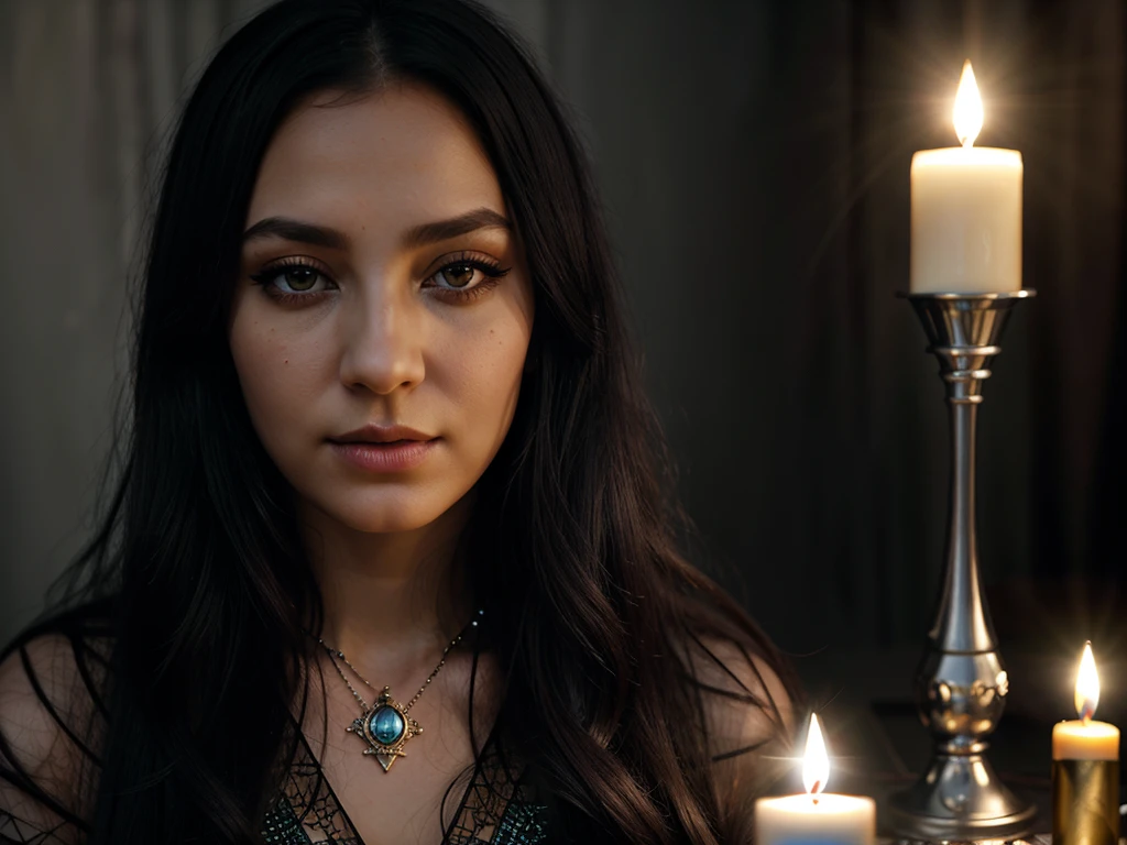 Craft a mesmerizing portrait of a tarot reader woman seated at a table adorned with tarot cards, crystals, and flickering candles. Capture her striking eyes and detailed lips with hyper-realistic precision. Focus on intricate details like long eyelashes and expressive facial features. Use cinematic lighting techniques to enhance vibrancy and create a magical, mystical atmosphere. Incorporate elements of dark fantasy and the occult, set against a light background to evoke a sense of ethereal beauty and intrigue