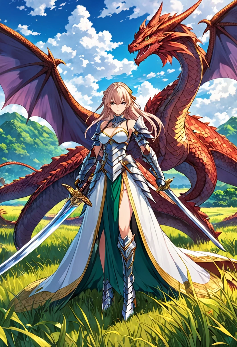 Anime girl with sword and dragon in the field, Anime fantasy illustration, Dragon Girl, high detailed Official Artwork, Anime fantasy artwork, Detailed Key Anime Art, epic anime fantasy, Official Artwork, Spectacular artwork of anime, Official Art, Vanillaware artwork, Anime illustration, Official Anime Artwork, Lamia, Wearing scaly armor