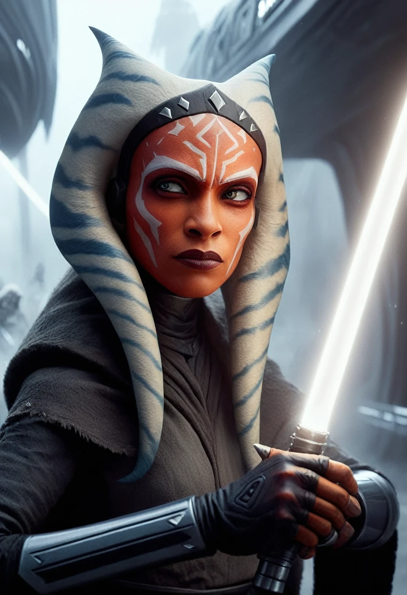a Star Wars character, a Sith, Hyper detailed portrait of Zabrak Ahsoka Darth Maul, incredibly beautiful and dangerous, with Sith lightsaber in hand, runs along the deck of a spaceship, epic emotions and movements, galaxy fog, Perfect Composition, aesthetic, scandalous pose, full body, hyper realism, 5D Dimension, unreal engine, galaxy, 3d octane rendering, CGI, dark fantasy, by Zack Snyder