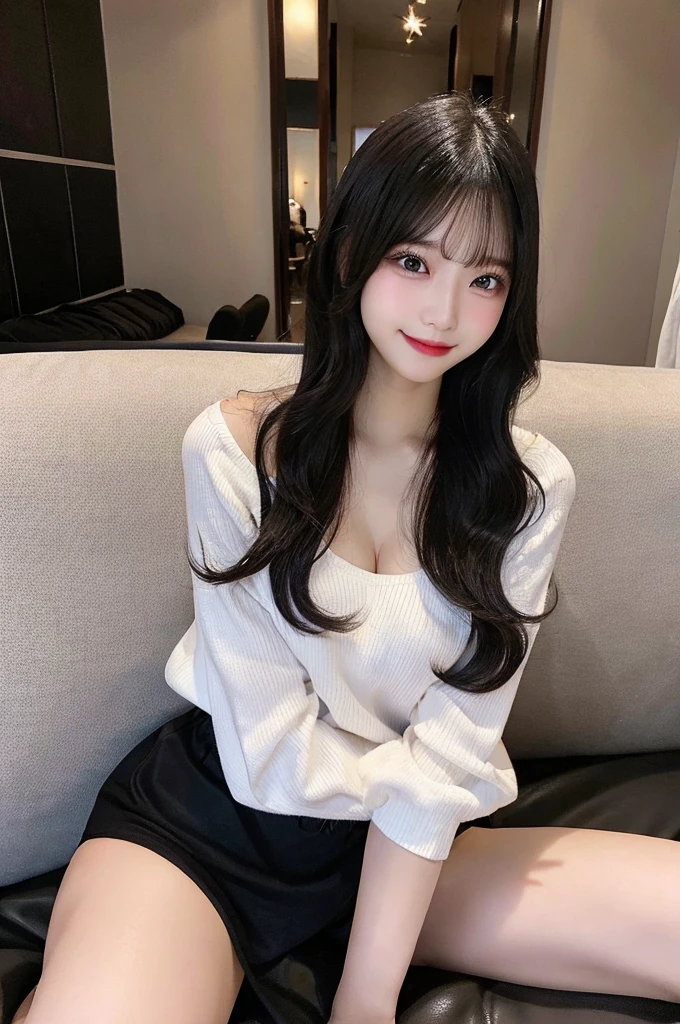 nsfw、Big Tits、full body、underwear、、double eyelid、Highest quality, Very detailed, Fine details, High resolution, 8k, Perfect dynamic composition, Beautiful details, ,Natural color lip, A shy smile,Beautiful 20 year old woman、The only person, Cute type、Long Black Hair、Glamorous body、solo、Spread your legs、On the sofa、Knee Up
