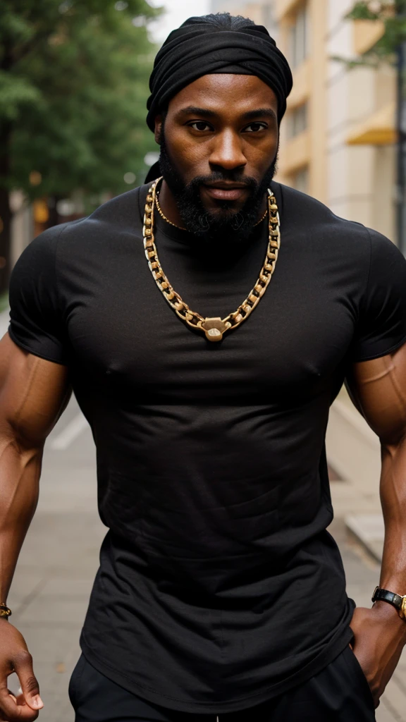black man, buff, muscular, healthy, in his 30's, black bandana, gray trunk shirt, thin gold chain, beard, face front
