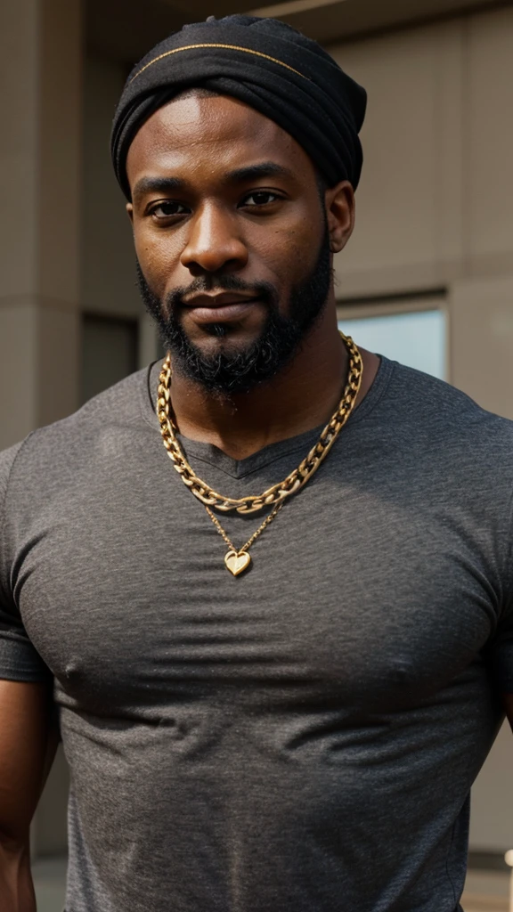 black man, buff, muscular, healthy, in his 30's, black bandana, gray trunk shirt, thin gold chain, beard, face front