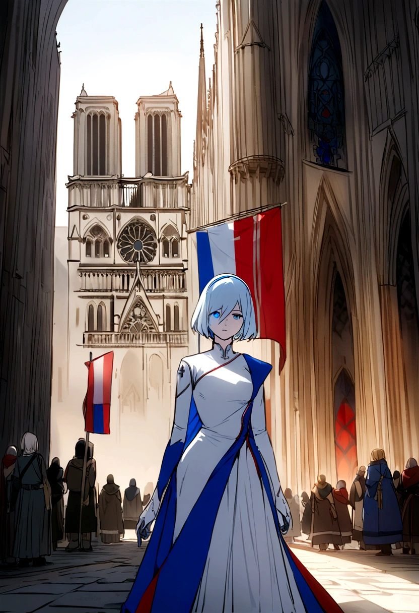 Cortana with a flag of France in the colors blue white red, behind Notre Dame de Paris