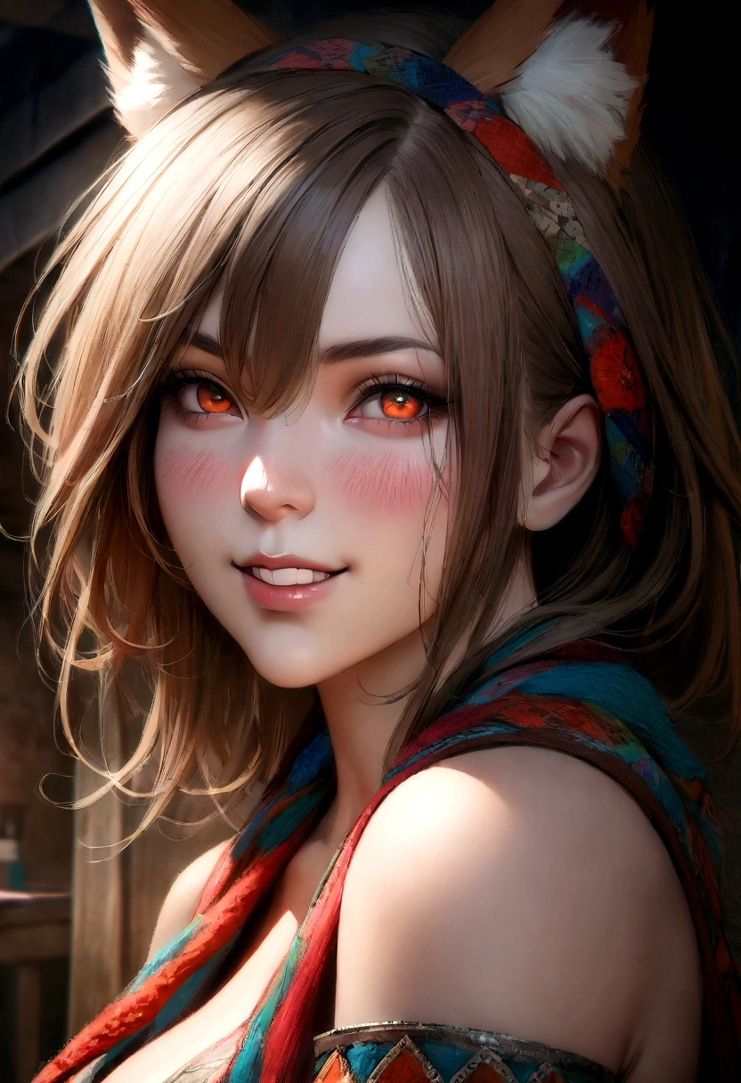 ((masterpiece, realistic, Best quality, extremely complex, One, 1 girl)), Color Connection, painted, bright colors, Colorful, spot color, NFV, (portrait, face focus), blush of the nose, sensual, Basement, noon, (large breasts1.2), (grin:1.2), hair between eyes, fox ears, thigh high