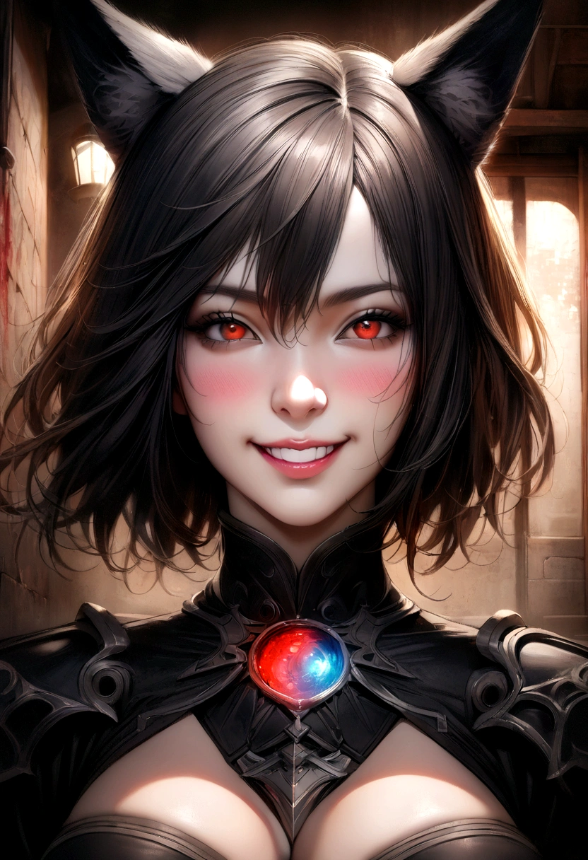 ((masterpiece, realistic, Best quality, extremely complex, One, 1 girl)), Color Connection, painted, bright colors, Colorful, spot color, NFV, (portrait, face focus), blush of the nose, sensual, Basement, noon, (large breasts1.2), (grin:1.2), hair between eyes, fox ears, thigh high