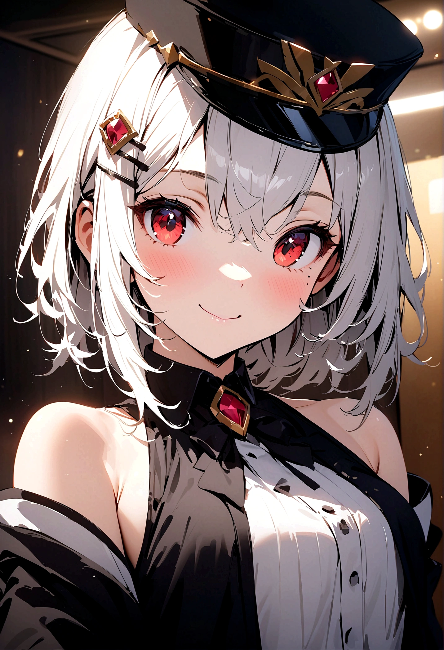 room,Idol cloth,masterpiece,best quality,White hair,Eye mask,Red Eyes,White shirt,(Black formal hat),(Hairpin:1.3),(Small mouth mole:1.3),Smile,high resolution,4k,Black detachable sleeves, Upper Body,