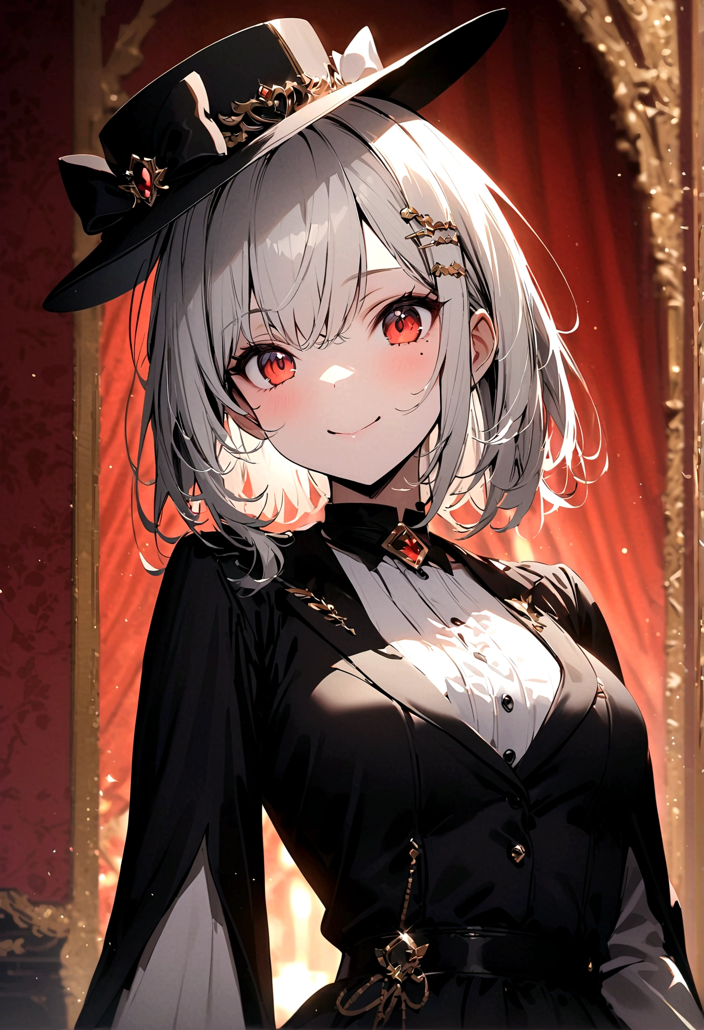 room,Idol cloth,masterpiece,best quality,White hair,Eye mask,Red Eyes,White shirt,(Black formal hat),(Hairpin:1.3),(Small mouth mole:1.3),Smile,high resolution,4k,Black detachable sleeves, Upper Body,