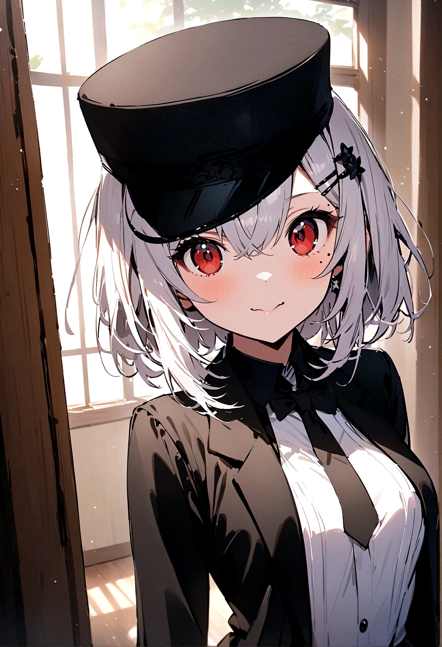 room,Idol cloth,masterpiece,best quality,White hair,Eye mask,Red Eyes,White shirt,(Black formal hat),(Hairpin:1.3),(Small mouth mole:1.3),Smile,high resolution,4k,Black detachable sleeves, Upper Body,