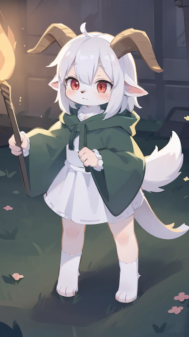 Rori the fox, riding on wolf, was hairy, shaggy, skin fur, smooth lashes, white fur, forelimb hands, straight long white hair, solid circle eyes, ((goat horns)), white facial fur, shiny hair, red eyes, super cute face, 1goat tail, fluffy tail, furry tail, glowing eyes, green cloak, white skirt, standing, sad face, ambient light, ultra-fine fur, dashed eyes, full body, masterpiece, high quality, high-details, best quality, wide short, (((solo)))