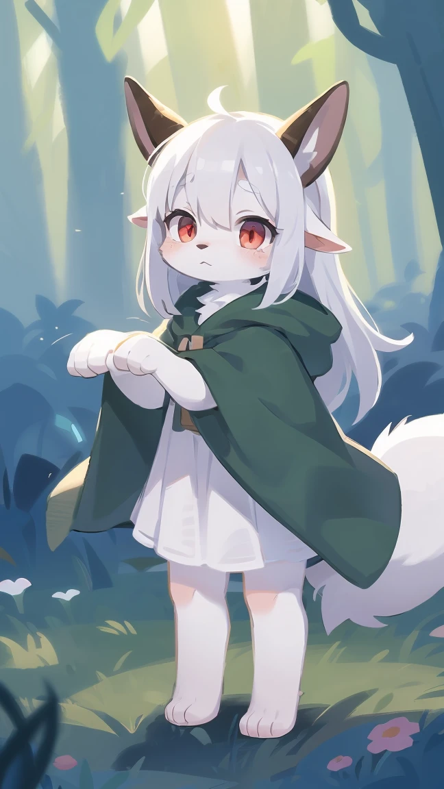 Rori the fox, riding on wolf, was hairy, shaggy, skin fur, smooth lashes, white fur, forelimb hands, straight long white hair, solid circle eyes, ((goat horns)), white facial fur, shiny hair, red eyes, super cute face, 1goat tail, fluffy tail, furry tail, glowing eyes, green cloak, white skirt, standing, sad face, ambient light, ultra-fine fur, dashed eyes, full body, masterpiece, high quality, high-details, best quality, wide short, (((solo)))