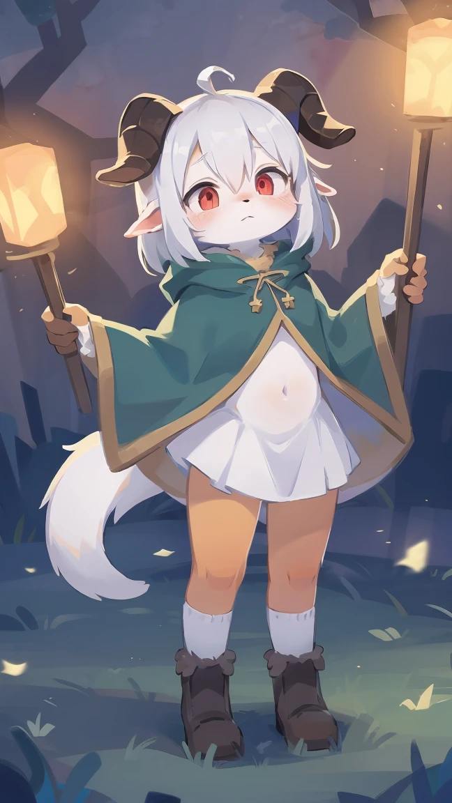 Rori the fox, riding on wolf, was hairy, shaggy, skin fur, smooth lashes, white fur, forelimb hands, straight long white hair, solid circle eyes, ((goat horns)), white facial fur, shiny hair, red eyes, super cute face, 1goat tail, fluffy tail, furry tail, glowing eyes, green cloak, white skirt, standing, sad face, ambient light, ultra-fine fur, dashed eyes, full body, masterpiece, high quality, high-details, best quality, wide short, (((solo)))