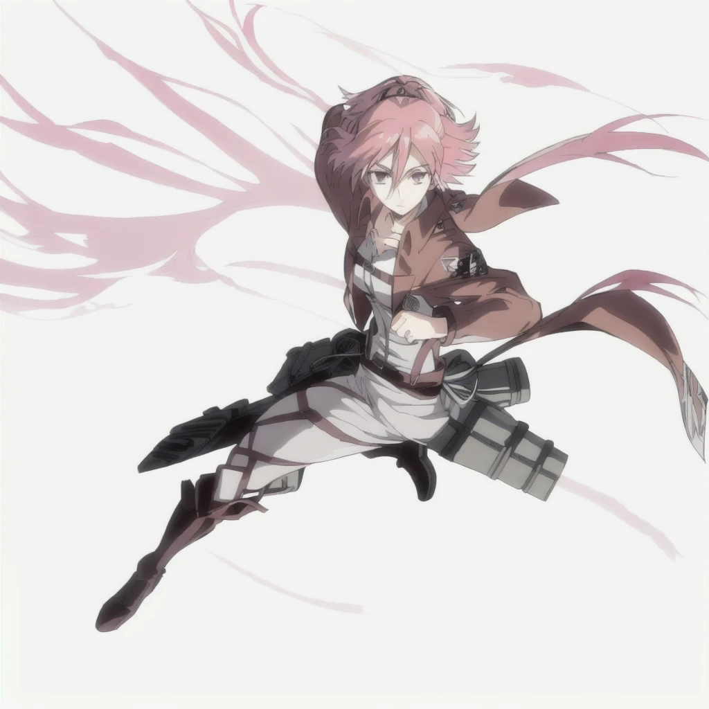 personaje de anime con espada y espada en mano, snk, uniforme de cadete attack on titan, odm gear, saltando,  ataque al estilo anime titan, del ataque a titan, en ataque a titan, hecho con estudio de pintor anime, ataque al titan arte encubierto, [ arte digital ]!!, (anime ataque a titanes), arte animado digital!!, cerochan, pintado en estudio de pintor anime, female protagonist 