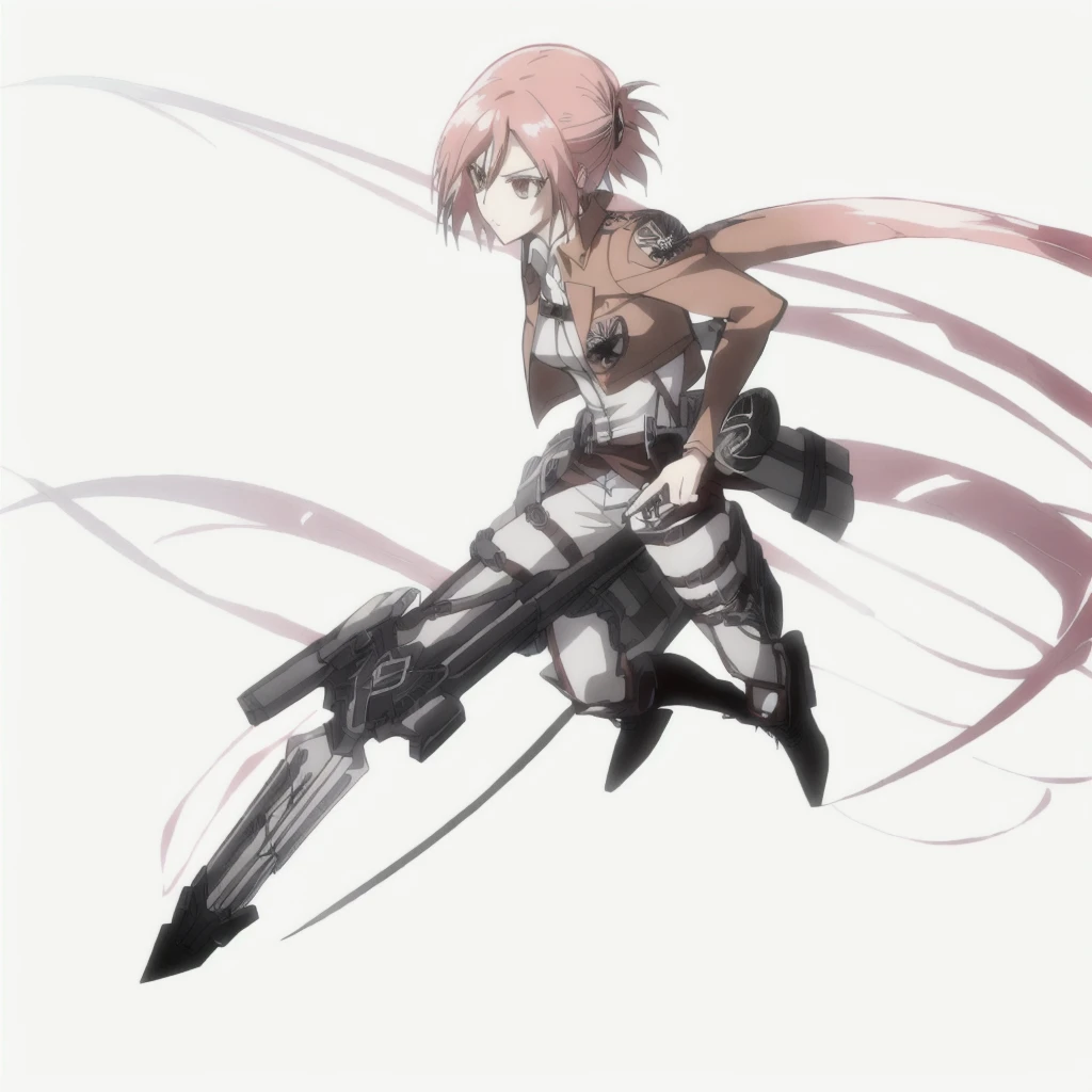 personaje de anime con espada y espada en mano, snk, uniforme de cadete attack on titan, odm gear, saltando,  ataque al estilo anime titan, del ataque a titan, en ataque a titan, hecho con estudio de pintor anime, ataque al titan arte encubierto, [ arte digital ]!!, (anime ataque a titanes), arte animado digital!!, cerochan, pintado en estudio de pintor anime, female protagonist 