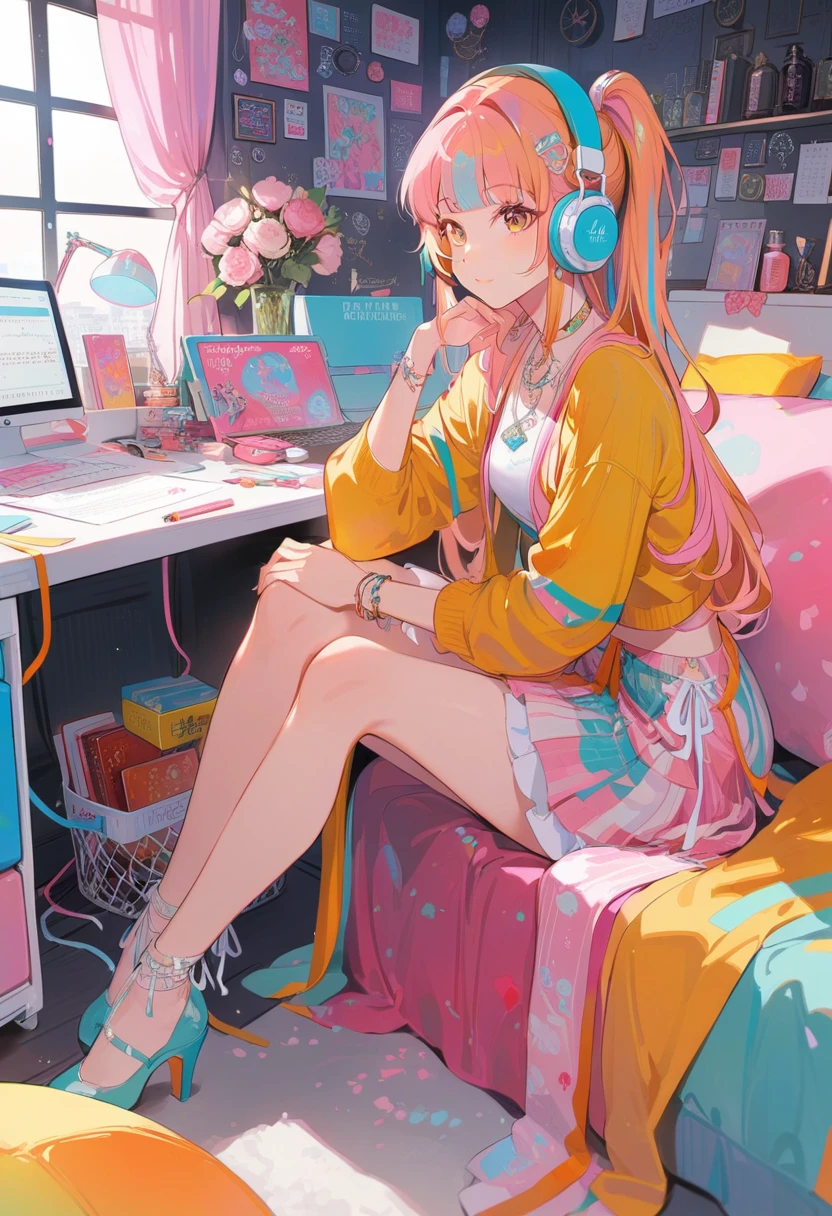 One girl,I write the lyrics, Multicolored Hair, Shoulder-length hair, Retro costumes, High heels, Sideways glance, Sitting, Hyper Pop, Stylish room, Headphones、 Retro feel, overview, masterpiece, Highest quality,
