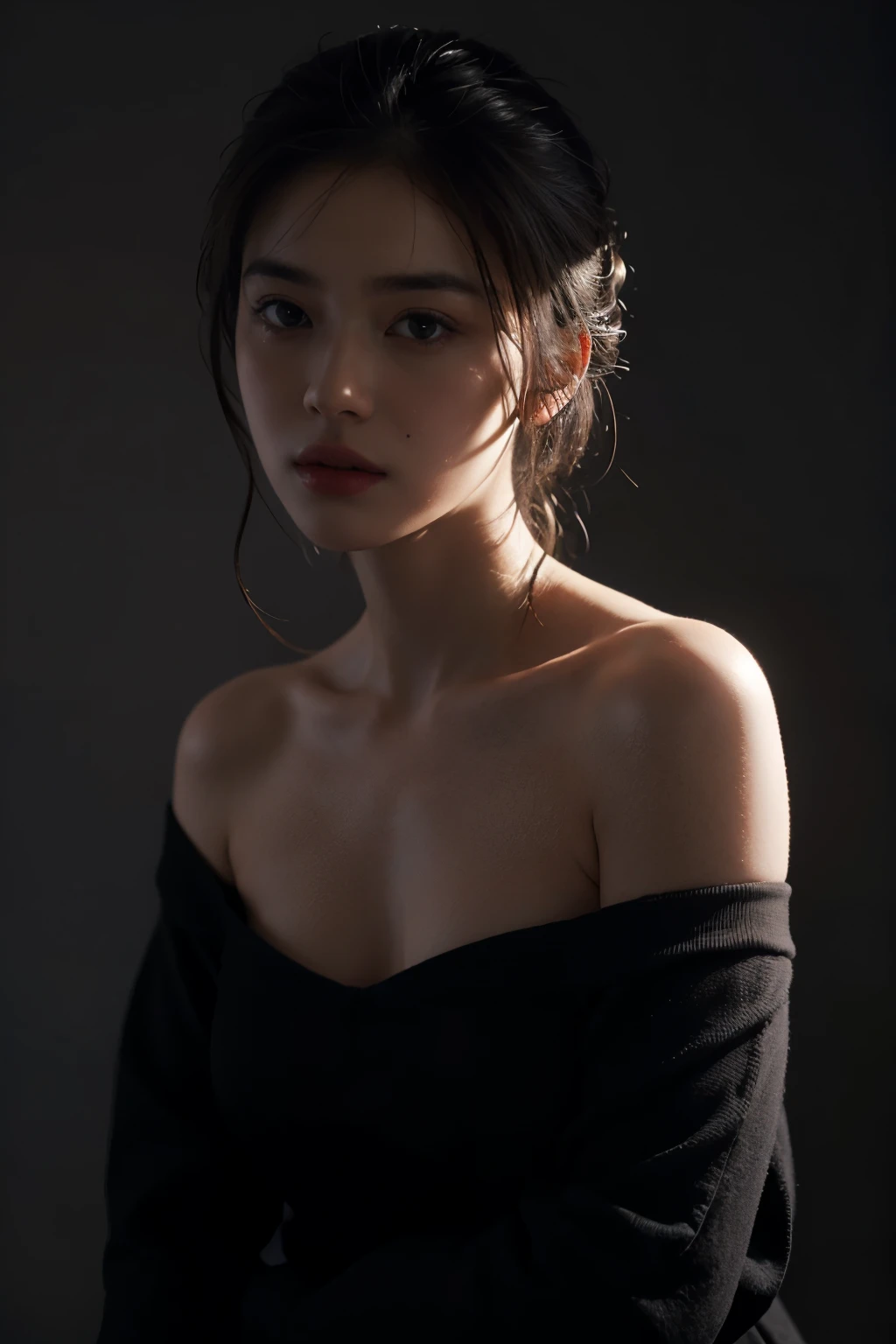 Best quality, masterpiece, ultra high res, (photorealistic:1.4), raw photo, 1girl, offshoulder, deep shadow, low key, cold light, chiaroscuro, grey background