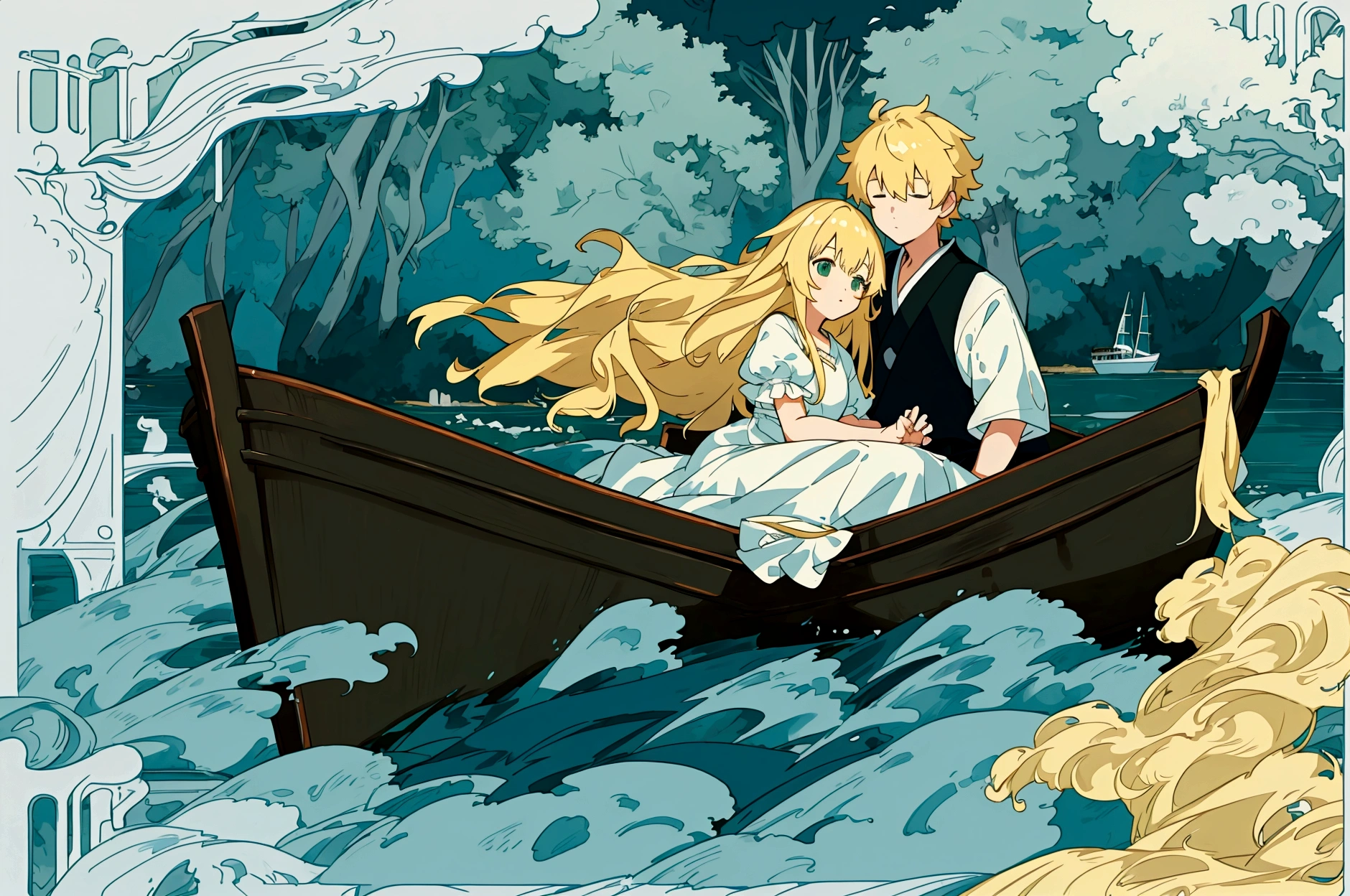 Anime Scene of girl and boy in a boat on a river, Anime Rush 8k Woods, Lofi art style, On the Lake, Created by Anime Painter Studio, beautiful Anime Scene, koto no ha no niwa, At the Lake, Beautiful peaceful scene in anime, Anime Background, Anime Scene, masterpiece, Highest quality, Highest quality, masterpiece, High resolution, A girl with long blonde hair in a frilly dress and a boy with blonde hair are facing each other on a boat、A boat floats on a pond in the green forest in early summer、A boy and a girl are sitting facing each other