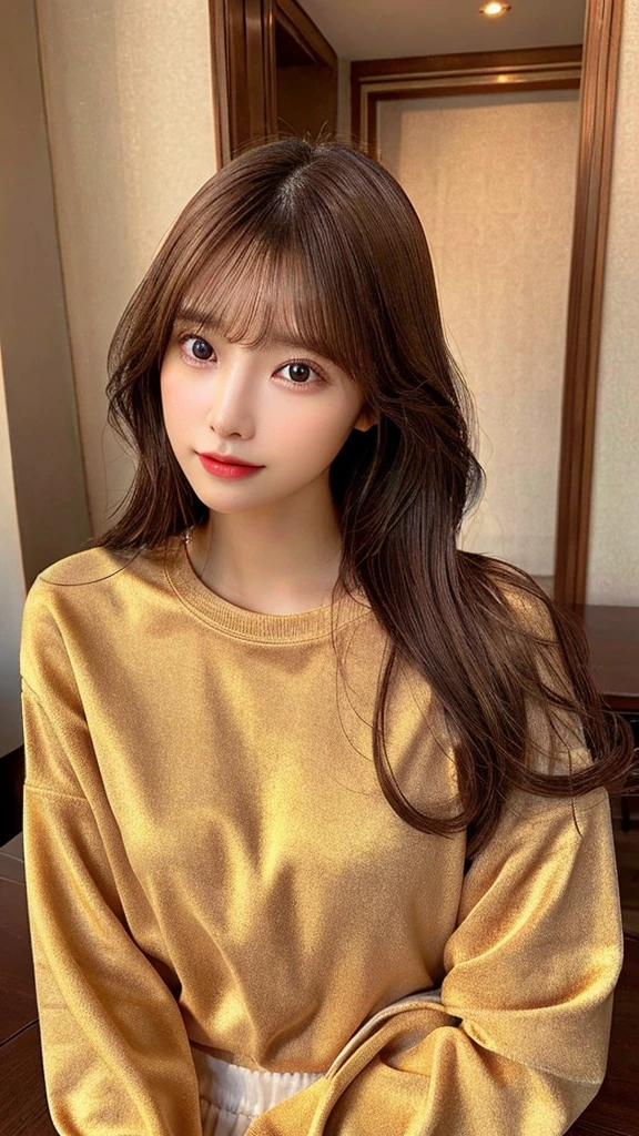 Highest quality、Tabletop、solo、small 、Natural look、Brown haired、Long sleeve sweatshirt、camisole、Very attractive、Ultra-high resolution、Surreal、High definition、Golden Ratio、Golden Ratio、Golden Ratio、beauty、beauty、beauty。