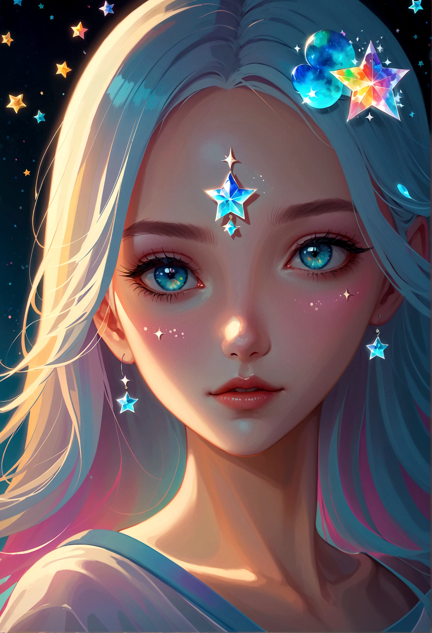 masterpiece, Amazing girl, Cute girl, Break, Eye mask, High detail eyes, Perfect eyes, portrait, High detail face, The same vision, glare, Rainbow Colors, Global Illumination, Soft Light, Light of Dreams, number, 8K Close-up, fantasy, Night Sky, Star, nebula, White crystal, moonlight, peaceful, summer, (8K:1.1)