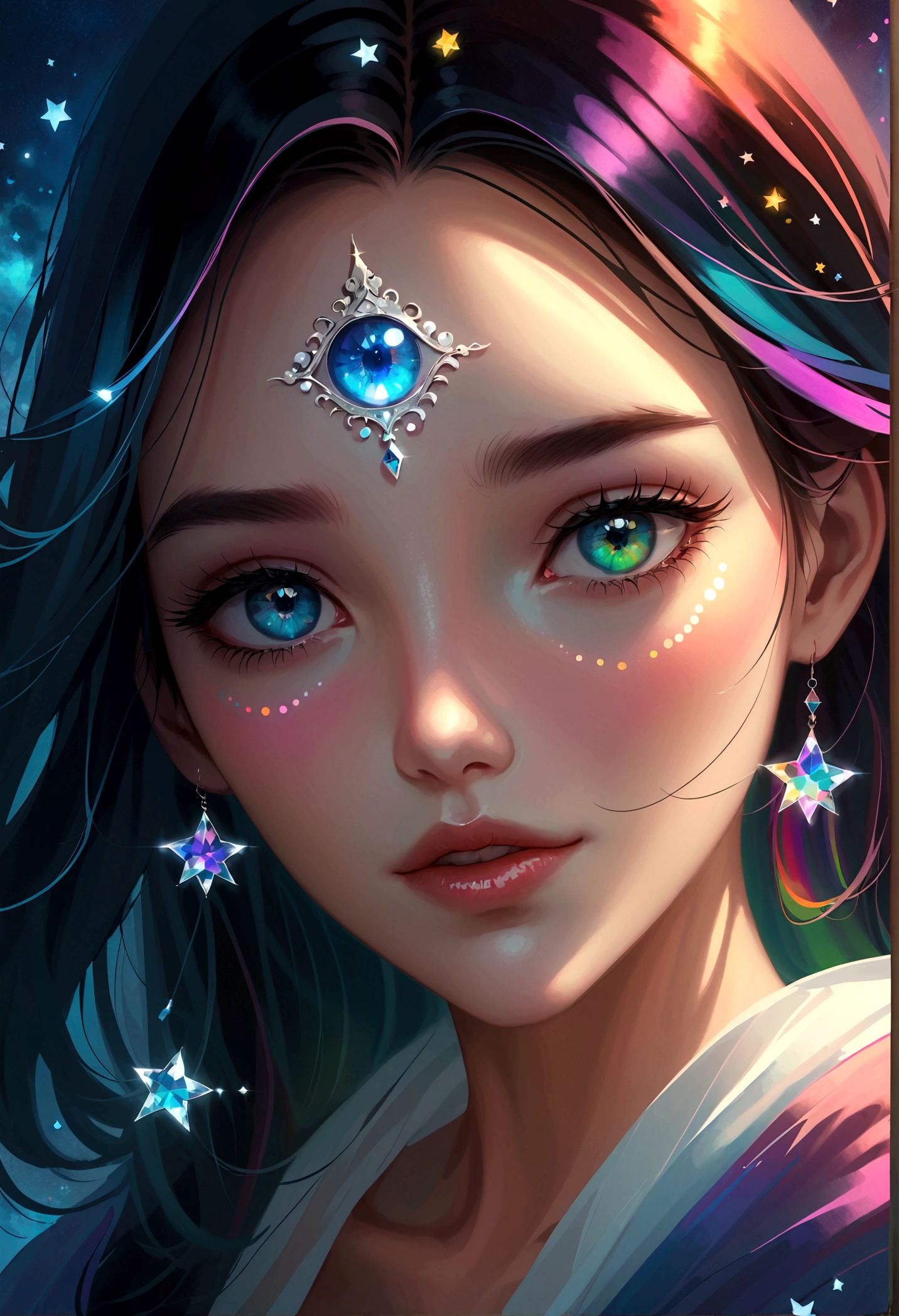 masterpiece, Amazing girl, Cute girl, Break, Eye mask, High detail eyes, Perfect eyes, portrait, High detail face, The same vision, glare, Rainbow Colors, Global Illumination, Soft Light, Light of Dreams, number, 8K Close-up, fantasy, Night Sky, Star, nebula, White crystal, moonlight, peaceful, summer, (8K:1.1)