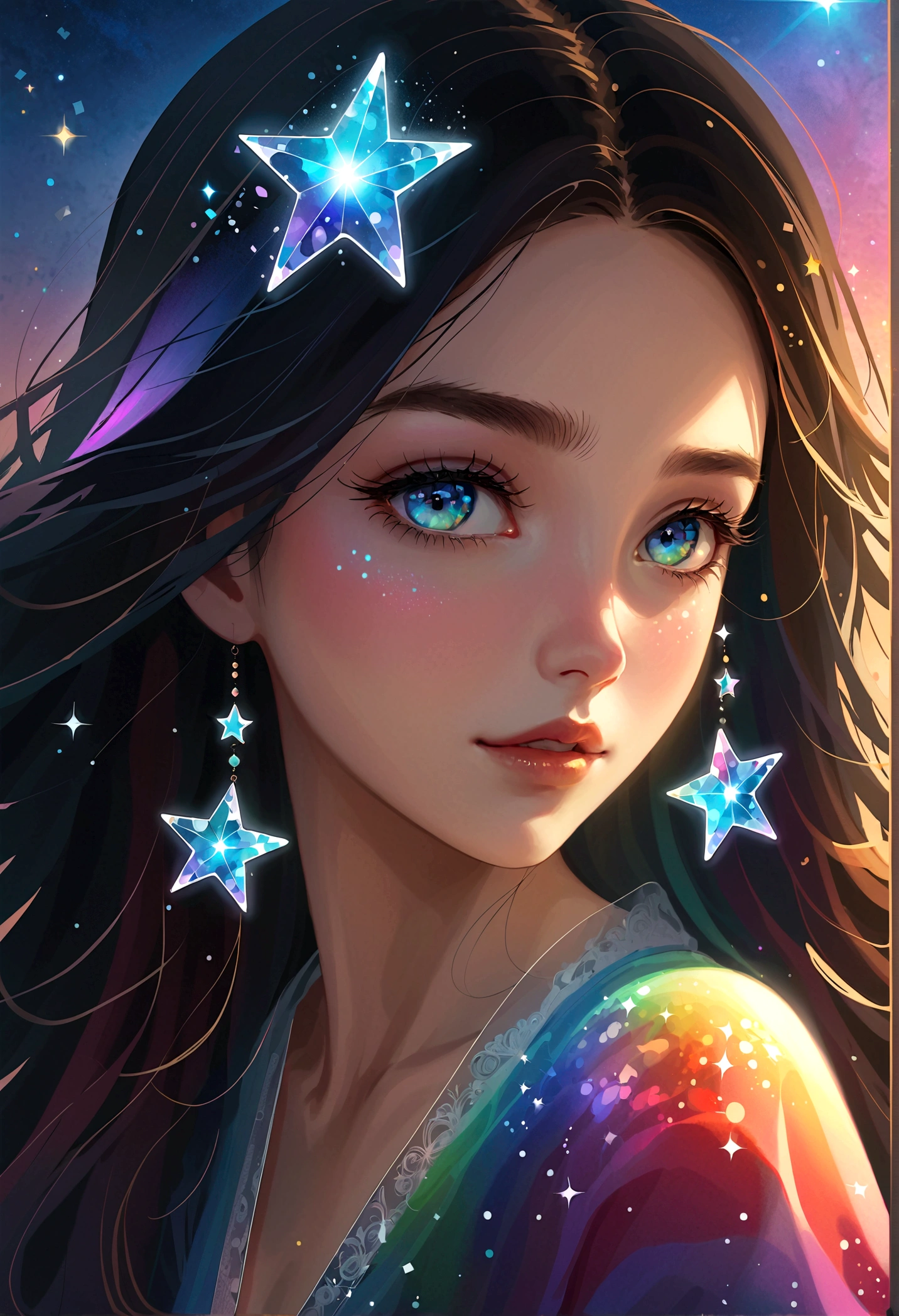 masterpiece, Amazing girl, Cute girl, Break, Eye mask, High detail eyes, Perfect eyes, portrait, High detail face, The same vision, glare, Rainbow Colors, Global Illumination, Soft Light, Light of Dreams, number, 8K Close-up, fantasy, Night Sky, Star, nebula, White crystal, moonlight, peaceful, summer, (8K:1.1)
