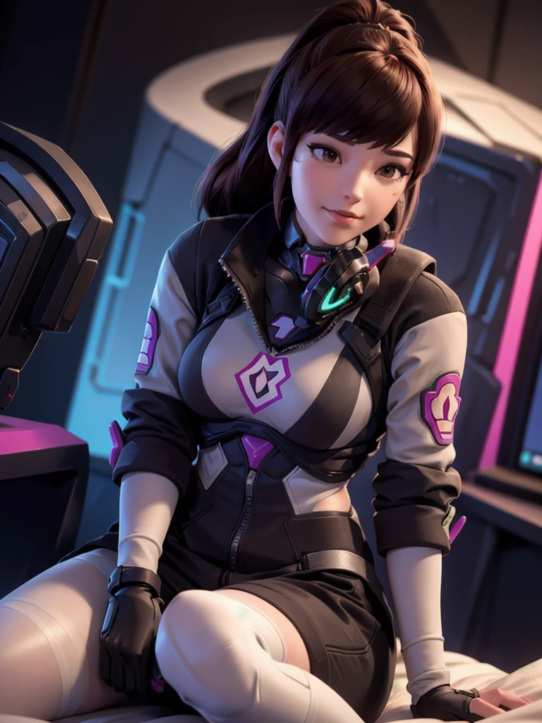((DVA from Overwatch)) without her mech, a woman with short brown hair in a (ponytail),she sits with her legs spread, high quality refelctions, volumetric lighting, she is wearing her classic pink, white and blue bodysuit, in her bedroom on her bed, 1 girl solo, cinematic lighting, high resolution, physically-based rendering, 8k, volumetric lighting, hyperrealistic, detailed facial features, masterpiece, full upper body, gaming setup in background, cinematic, you can see the fabric of the shirt and the knits very detailed,(she has very small breasts), nsfw, the focus is on her whole body and the environment, cinematic screenshot, you can see the (whole room) and her sitting on the bed, the picture has a very soft look at soft textures, cute sleepy smile, her arms are on a game controller, DVA is gaming before sleeping, woman body